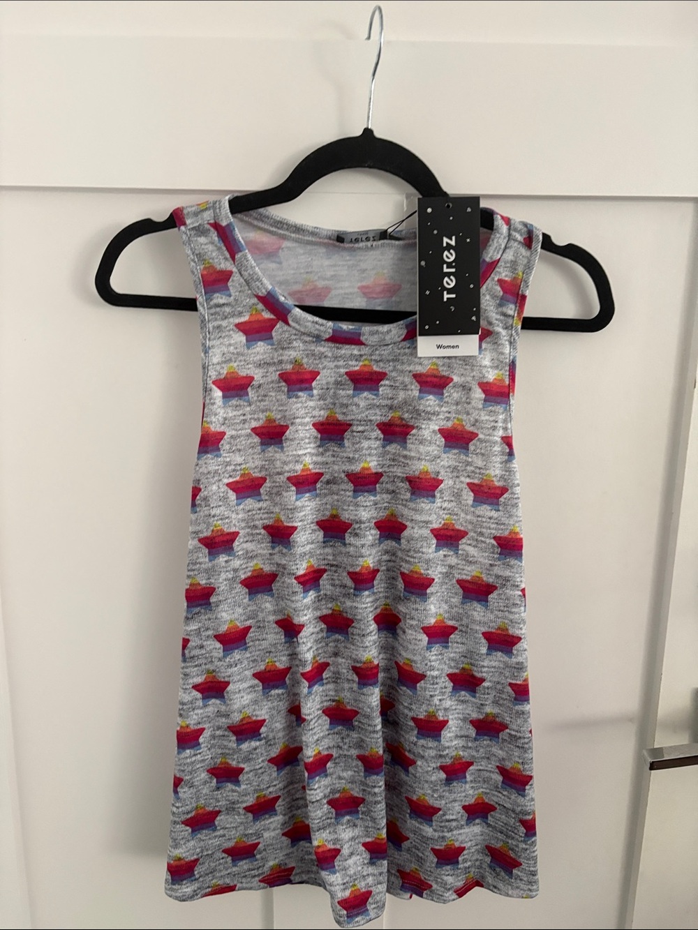 Terez Heather Gray Tank with Pink and Red Star Print razorback